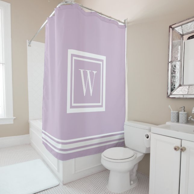 Lilac Purple and White Classic Square Monogram Shower Curtain (In Situ)