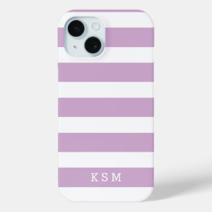 Lilac Purple and White Classic Stripes Monogram iPhone 15 Case