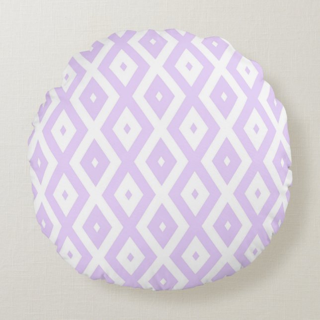 Lilac purple and white diamond pattern round cushion (Front)