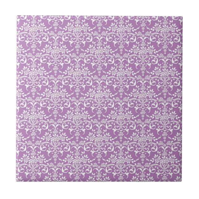 Lilac Purple and White Floral Damask Pattern Tile (Front)