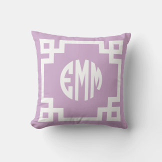 Lilac Purple and White Greek Key Circle Monogram Cushion