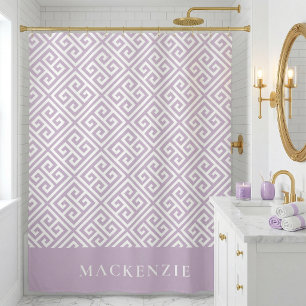 Lilac Purple and White Greek Key Name Monogram Shower Curtain