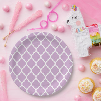 Lilac Purple and White Moroccan Quatrefoil Paper Plate