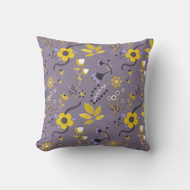Lilac, Purple And Yellow Floral Pattern Cushion (Front)