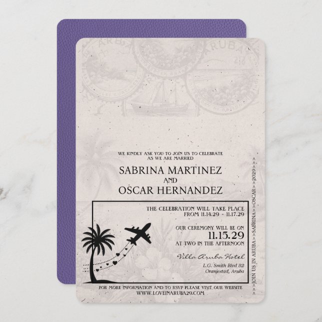 Lilac Purple Aruba Passport Wedding Invitation (Front/Back)