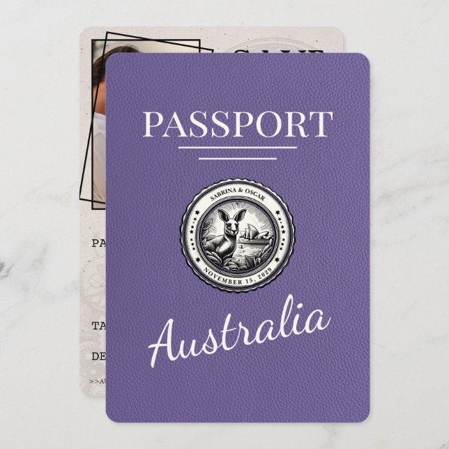 Lilac Purple Australia Passport Save The Date (Front/Back)