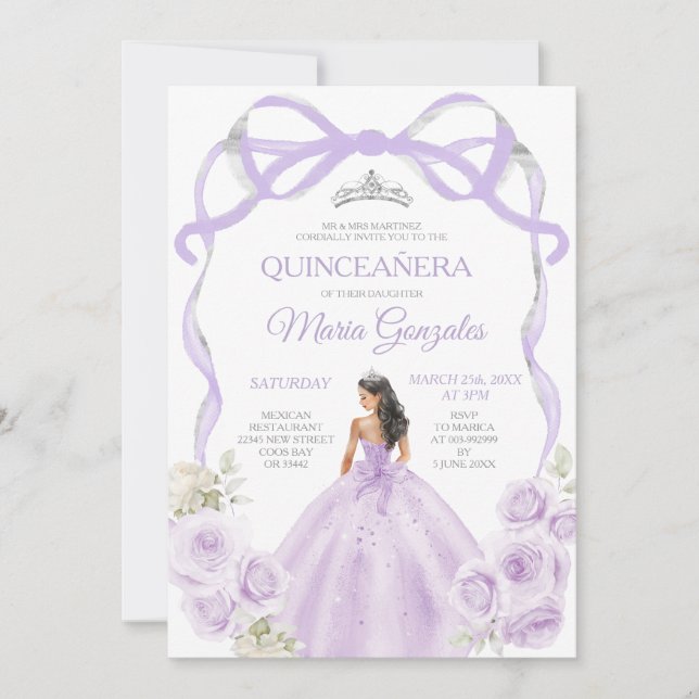Lilac Purple Bow Princess Silver Crown Quinceañera Invitation (Front)