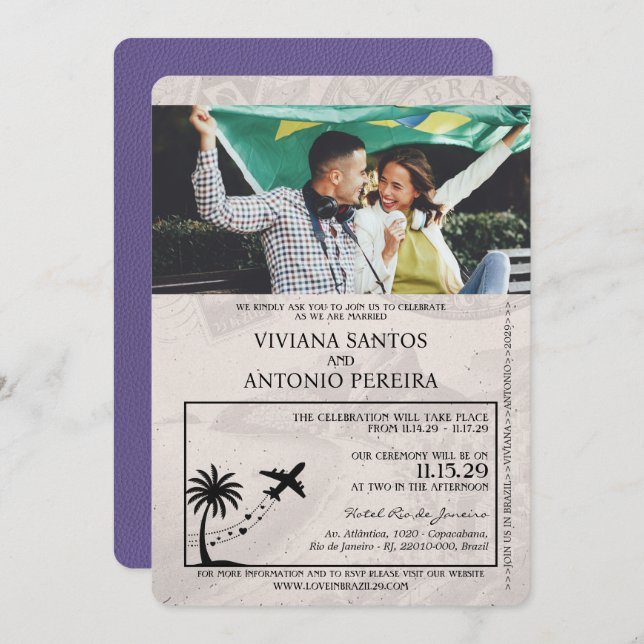 Lilac Purple Brazil Passport Wedding Invitation (Front/Back)