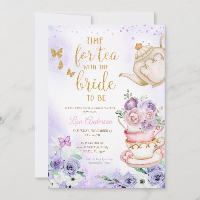 Lilac Purple Butterflies Bridal Shower Tea Party  Invitation (Front)