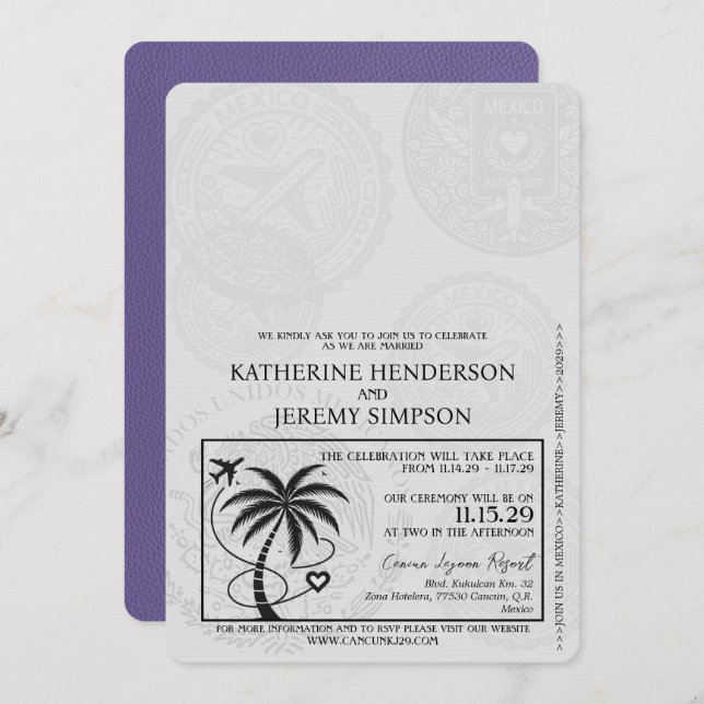 Lilac Purple Cancun Passport Wedding Invitation (Front/Back)