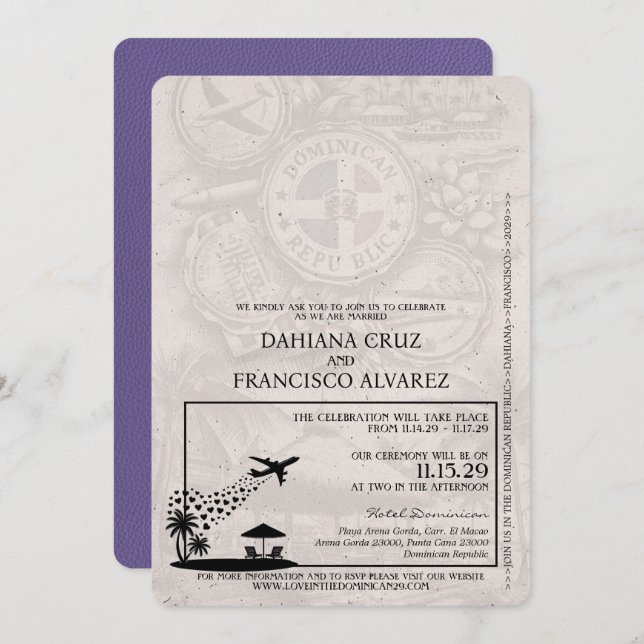 Lilac Purple Dominican Republic Passport Wedding Invitation (Front/Back)