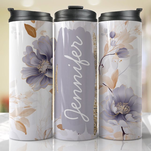 Lilac Purple Floral Add Name Custom Gift Thermal Tumbler (Floral Personalized Tumbler)