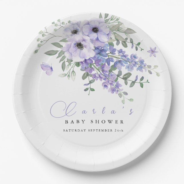 Lilac purple floral baby shower  paper plate (Front)