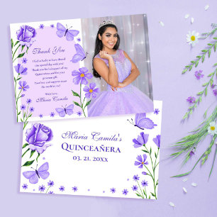 Lilac Purple Floral Butterflies Photo Quinceañera Thank You Card