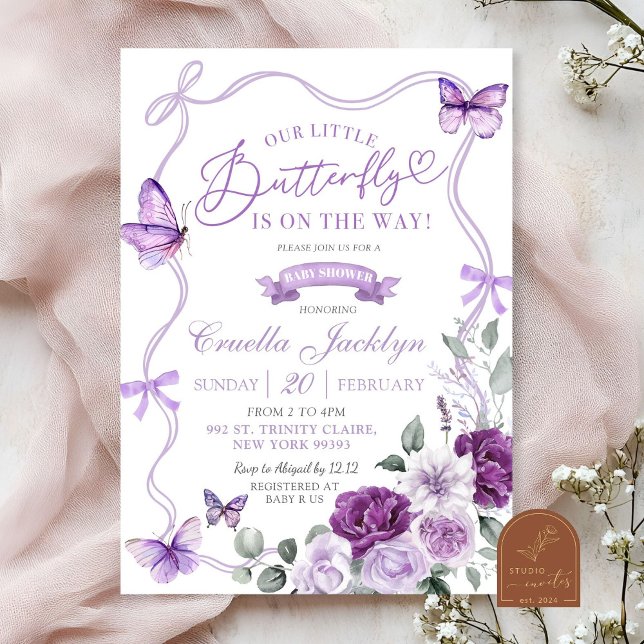 Lilac Purple Floral Butterfly Baby Shower Invitation (Creator Uploaded)
