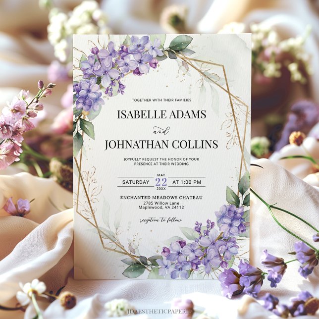 Lilac Purple Floral Geometric Wedding Invitation (Creator Uploaded)