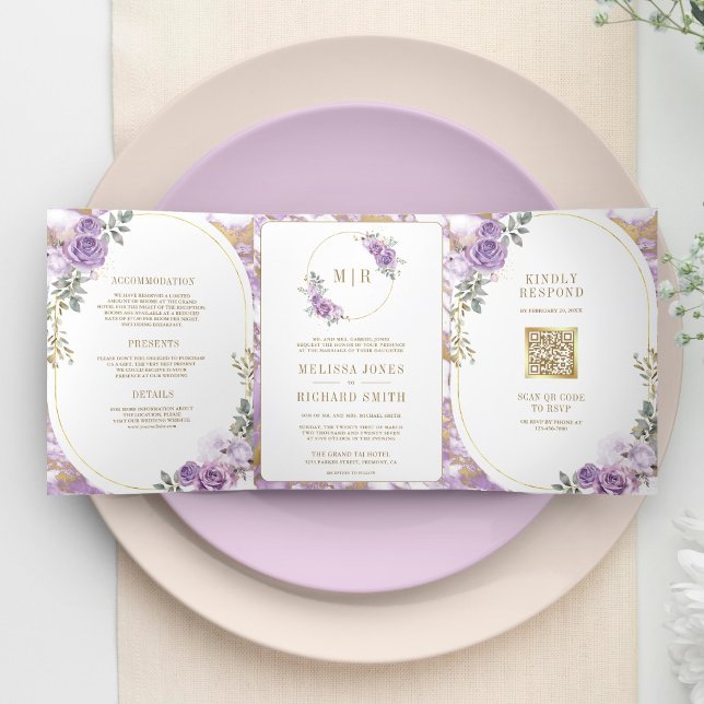 Lilac Purple Floral Gold Marble All in One Wedding Tri-Fold Invitation (Creator Uploaded)