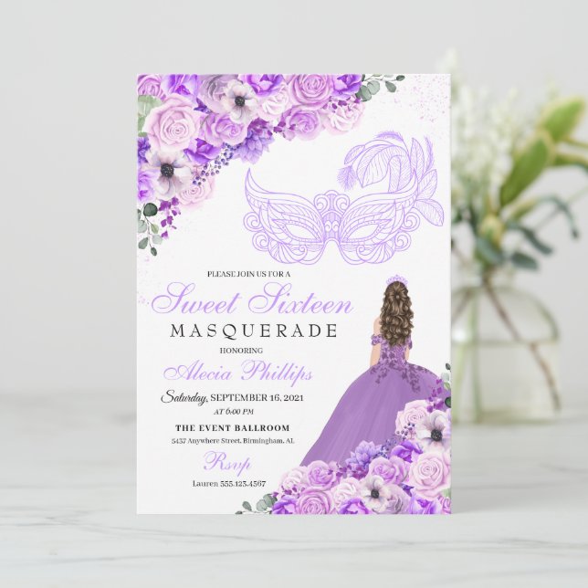 Lilac Purple Floral Masquerade Sweet 16 Invitation (Standing Front)