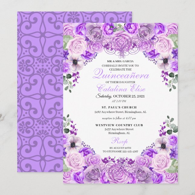 Lilac Purple Floral Quinceanera Birthday  Invitation (Front/Back)