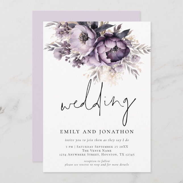 Lilac Purple Florals Informal Script Wedding Invitation (Front/Back)