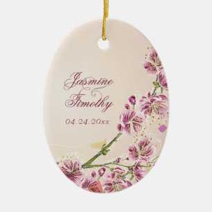 Lilac purple flowers wedding photo favour keepsake ceramic tree decoration