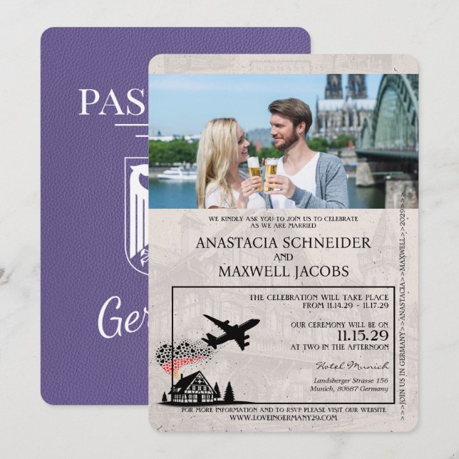 Lilac Purple Germany Passport Wedding Invitation (Front/Back)