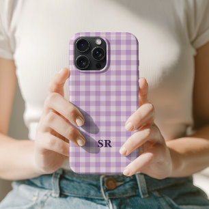 Lilac Purple Gingham Monogram Teacher Custom Mum iPhone 15 Pro Max Case