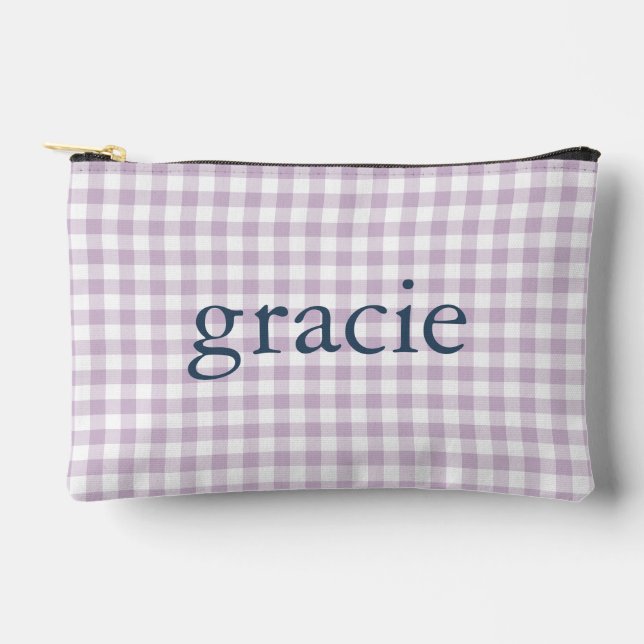 Lilac Purple Gingham Monogrammed Accessory Pouch (Front)