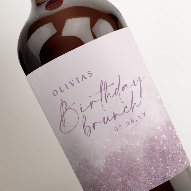 Lilac purple glitter elegant birthday brunch chic wine label (Creator Uploaded)