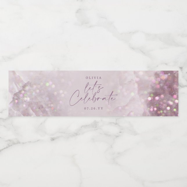 Lilac purple glitter elegant birthday party girly water bottle label (Single Label)