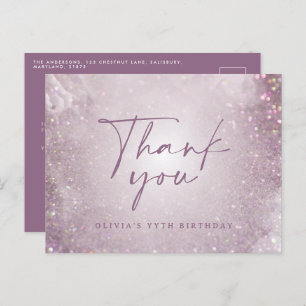 Lilac purple glitter elegant birthday party thanks postcard