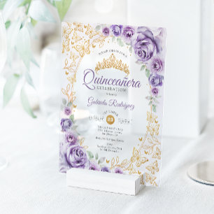 Lilac Purple Gold Floral Quinceanera Acrylic Invitations