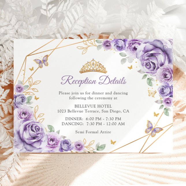 Lilac Purple Gold Floral Quinceanera  Details Enclosure Card (Creator Uploaded)