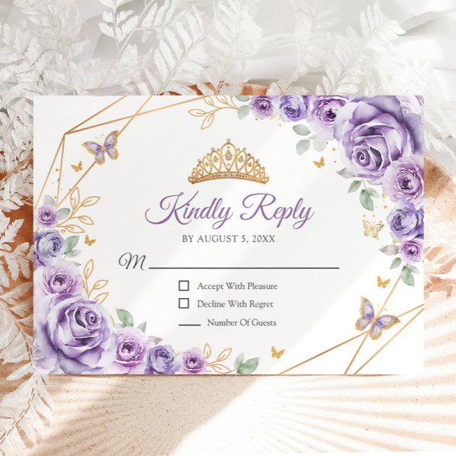 Lilac Purple Gold Floral Quinceanera Reply RSVP Card (Creator Uploaded)