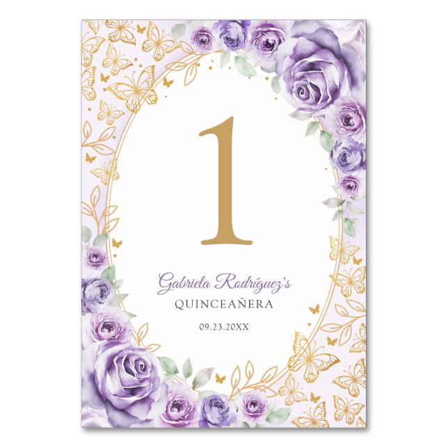 Lilac Purple Gold Floral Quinceanera Table Number (Front)
