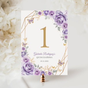 Lilac Purple Gold Floral Quinceanera Table Number