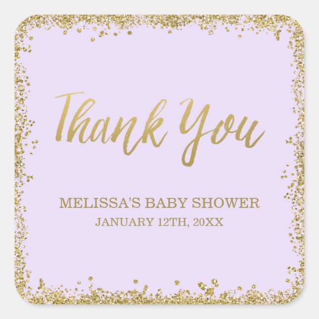 Lilac Purple Gold Glitter Baby Shower Thank You Square Sticker (Front)