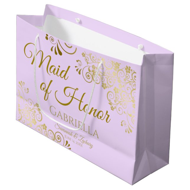 Lilac Purple Gold Lace Maid of Honour Chic Wedding Large Gift Bag (Front Angled)