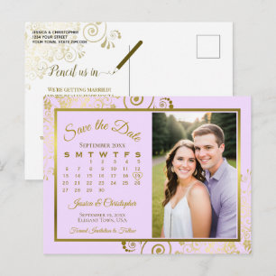 Lilac Purple Gold Wedding Save Date Calendar Photo Announcement Postcard