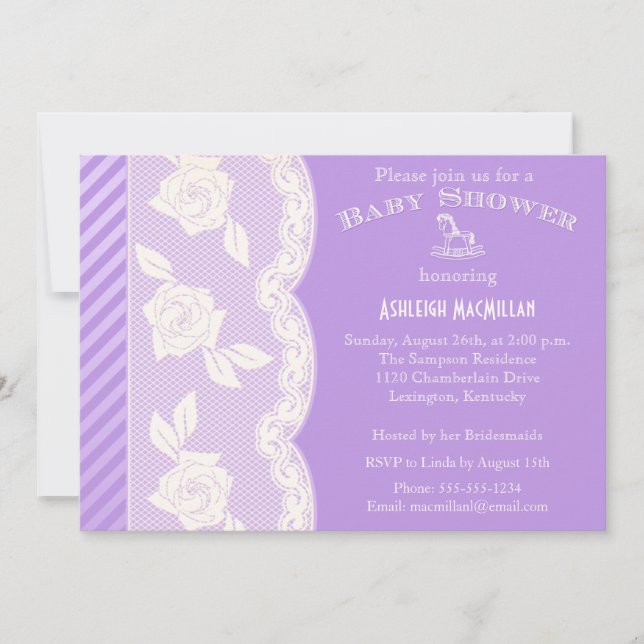 Lilac Purple, Ivory Floral Lace Baby Shower Invite (Front)