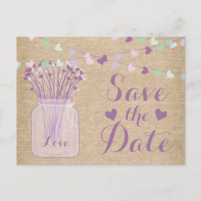 Lilac Purple Mason Jar Burlap Lace Save the Date Announcement Postcard (Front)