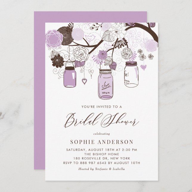 Lilac Purple Mason Jars Bridal Shower Invitation (Front/Back)