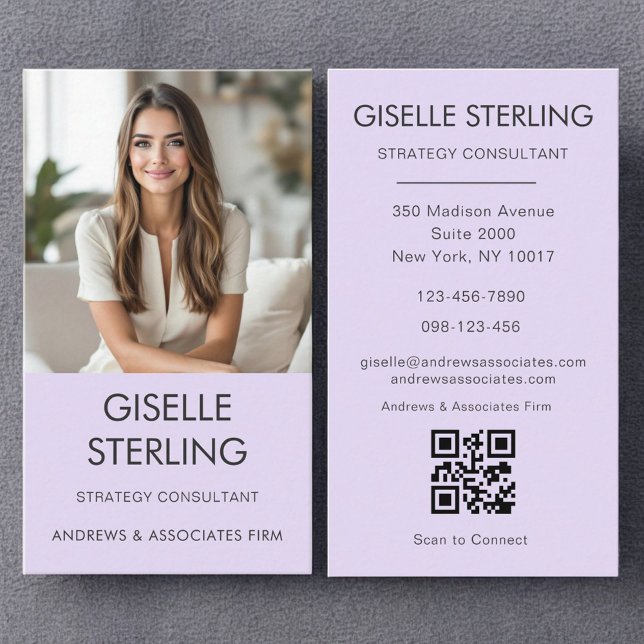 Lilac Purple Minimal Photo QR Code Modern  Business Card (Creator Uploaded)