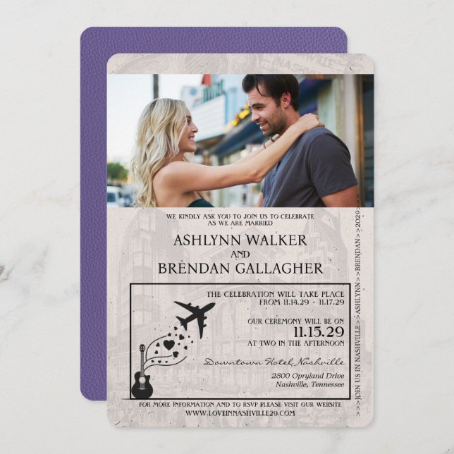 Lilac Purple Nashville Passport Wedding Invitation (Front/Back)