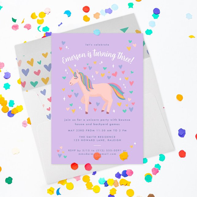Lilac Purple Pastel Rainbow Unicorn Birthday Party Invitation (a pretty pink unicorn with hearts and stars invites friends to a magical party on this purple invite)