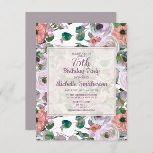 Lilac Purple Pink Watercolor Floral 75th Birthday Invitation