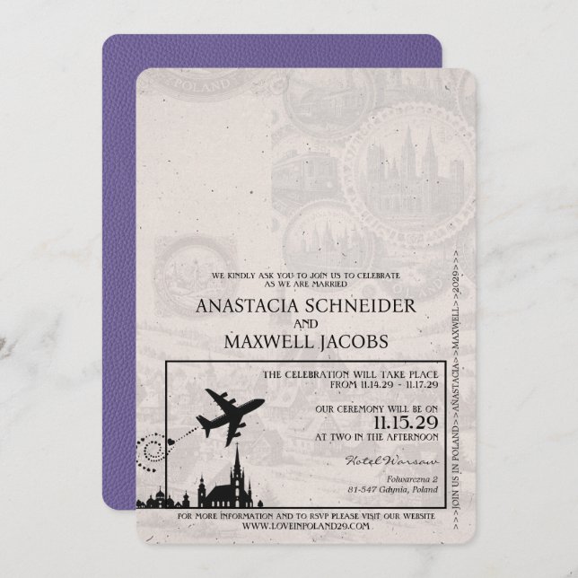 Lilac Purple Poland Passport Wedding Invitation (Front/Back)