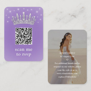Lilac Purple QR RSVP Quinceañera Crown & Photo Enclosure Card