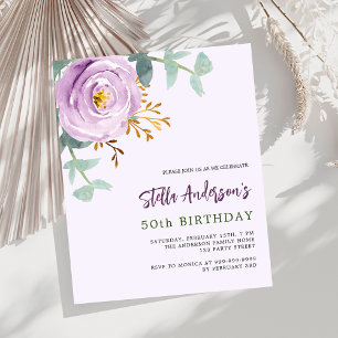 Lilac purple rose budget birthday invitation