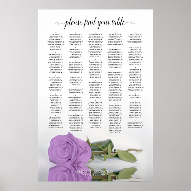 Lilac Purple Rose Chic Alphabetical Seating Chart (Front)